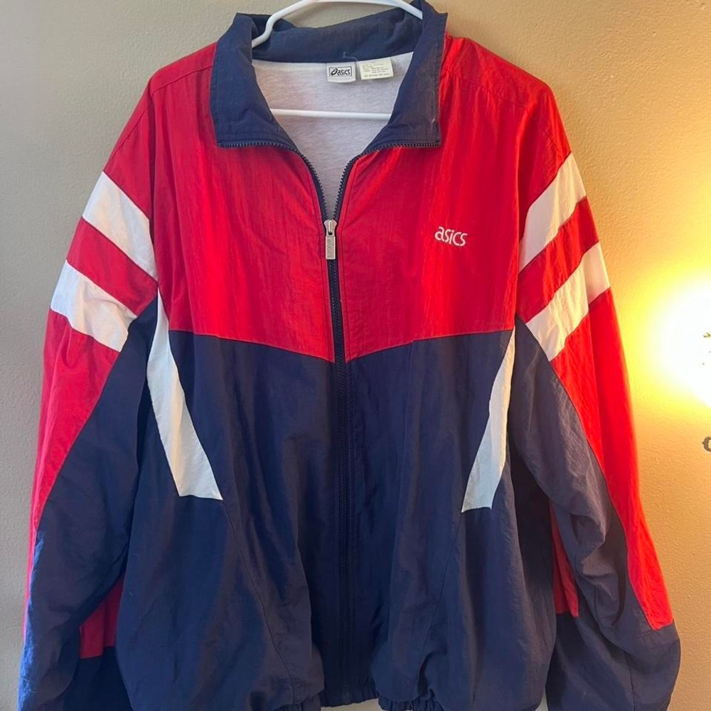 Vintage Asics Windbreaker Jacket Red Blue‎ White Color Block Full Zip XL